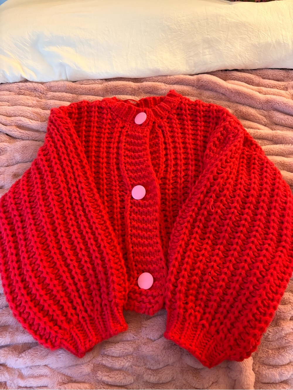 Dressed in LALA Red Chunky Knit Cardigan with Pink Buttons